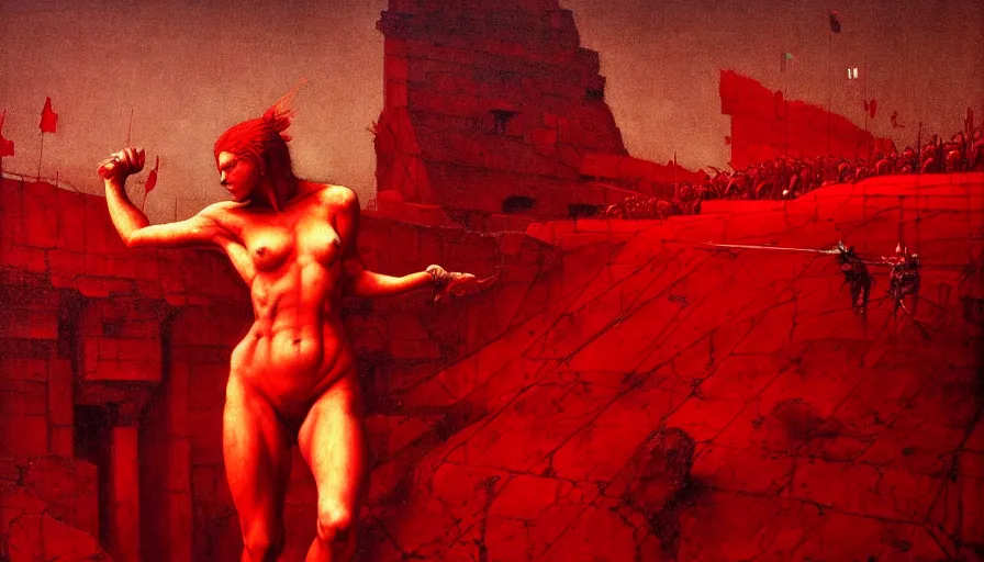 Image similar to only with red, a lightly armored gladiator in a crowded roman amphitheatre, crowd cheering, in the style of beksinski and edward hopper and rodcenko and yue minjun and artgerm, intricate and epic composition, red by caravaggio, highly detailed, masterpiece, red light, artstation, art nouveau