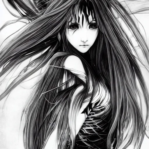 Prompt: yoshitaka amano blurred and dreamy illustration of an anime girl with black eyes, wavy white hair fluttering in the wind and cracks on her face wearing elden ring armor with engraving, abstract black and white patterns on the background, noisy film grain effect, highly detailed, renaissance oil painting, weird portrait angle, three quarter view, head turned to the side