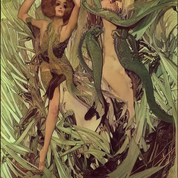 Prompt: the queen of lizards, full body, high fashion, latex, tropical, sharp, flowing, slick, highly detailed, motion, concept art, smooth, sharp focus, hd, art by alphonse mucha and matisse and annie leibovitz