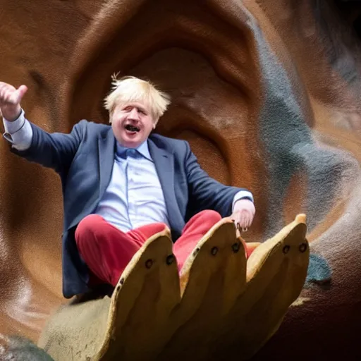 Image similar to Boris Johnson having the time of his life sitting alone riding splash mountain , Photographed by the ride