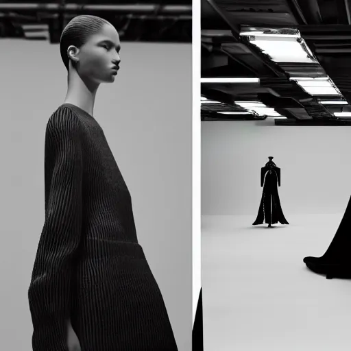 Image similar to still photo of balenciaga fashion show, black and white color aesthetic, highly detailed, photorealistic portrait, bright studio setting, studio lighting, crisp quality and light reflections, unreal engine 5 quality render