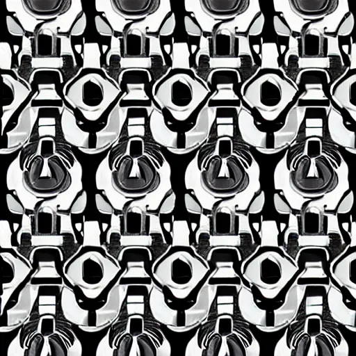 Image similar to a seamless pattern of headphones and dices, black white, in style of m.c. escher, geometric