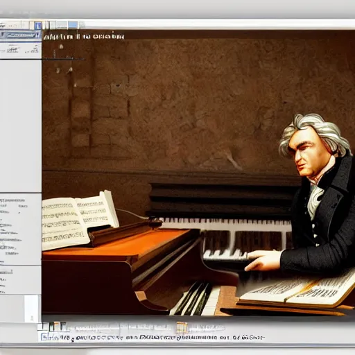 Prompt: of beethoven trying to compose at the piano but unable to hear and crying with frustration with pages of hand written score all around unreal engine 5 3 d photorealistic scene cinematic lighting