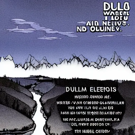 Prompt: dull by warren ellis. the computer art is of a small village with a river running through it. in the distance, there are mountains. the sky is clear & the sun is shining.