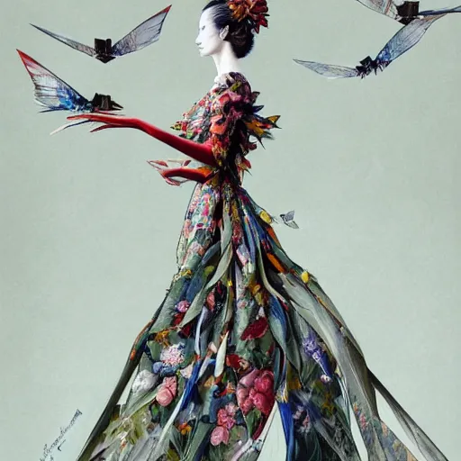 Image similar to full length view of a beautiful girl wearing an origami dress, hummingbirds, elegant, by esao andrews, by eiko ishioka, givenchy, by peter mohrbacher, centered, dramatic, floral ornamentic on cloth and hair, detailed beautiful face, high depth of field, origami, detailed fashion illustration, vogue, japanese, reallusion character creator