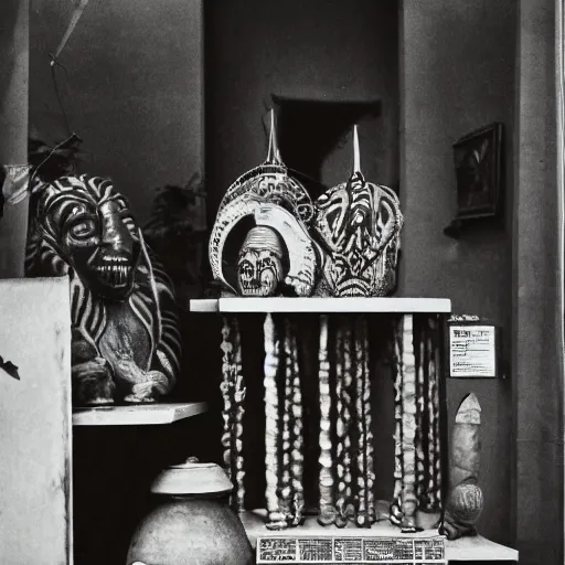 Image similar to An offset photography of an object on display, three colors, anthropology of wonder, (exotic artifacts), bauhause, tropicalism, colonial expedition, exhibition, 60s style