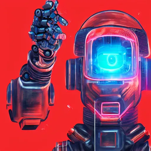 Prompt: man blowing up a cyberpunk robot with red power coming out of his hands, very detailed, realistic, symmetrical face, art by digital painting,