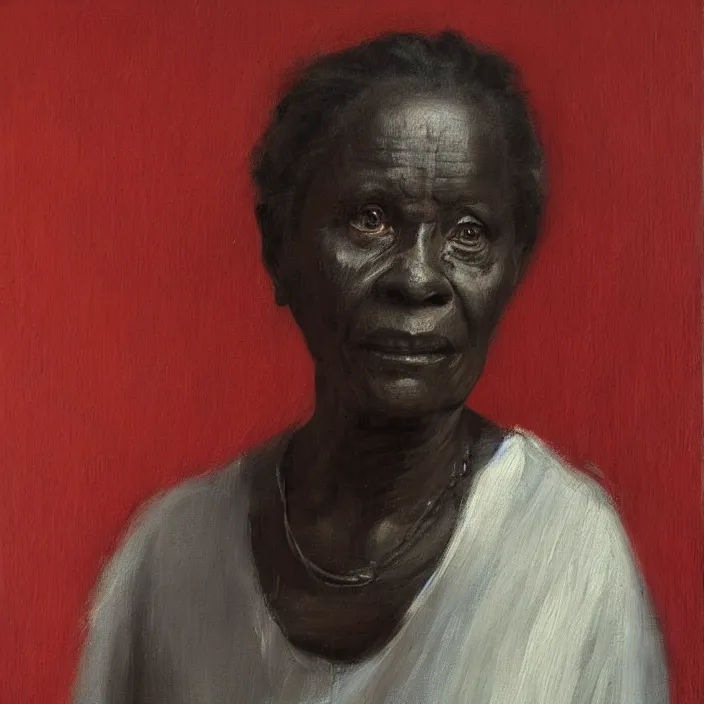 Image similar to a painting of a elder woman by Lynette Yiadom-Boakye . details, smooth, sharp focus, illustration, realistic, cinematic, artstation, award winning, rgb , unreal engine, octane render, cinematic light, macro, depth of field, blur, red light and clouds from the back, highly detailed epic cinematic concept art CG render made in Maya, Blender and Photoshop, octane render, excellent composition, dynamic dramatic cinematic lighting, aesthetic, very inspirational, arthouse.