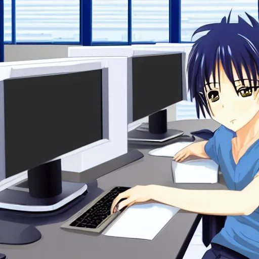 Image similar to friendly anime hacker working at computer