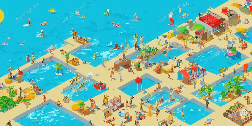 Image similar to a detailed isometric Where’s Waldo puzzle, setting is the beach