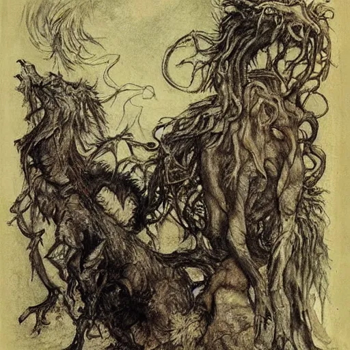 Image similar to And what rough beast, its hour come round at last, slouches towards Bethlehem to be born?, painted by Arthur Rackham
