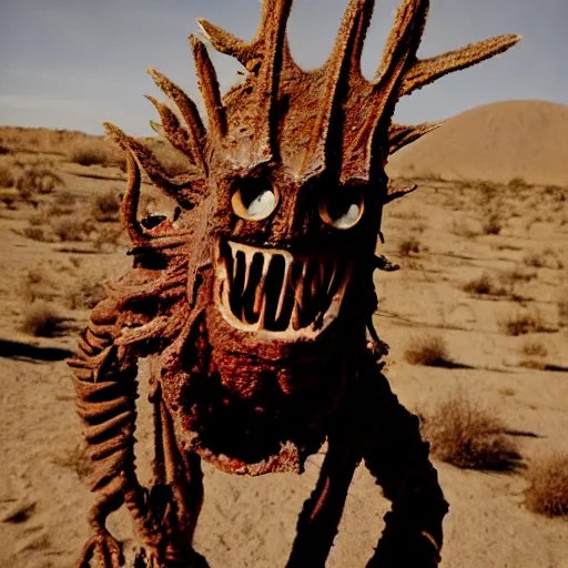 Prompt: in the desert a bloody horrifying The Thing monster , mid day, 35mm photography, realistic,