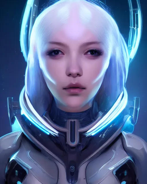 Image similar to perfect android girl on a mothership, warframe armor, beautiful face, scifi, futuristic, galaxy, nebula, raytracing, dreamy, long white hair, blue cyborg eyes, sharp focus, cinematic lighting, highly detailed, artstation, divine, by gauthier leblanc, kazuya takahashi, huifeng huang