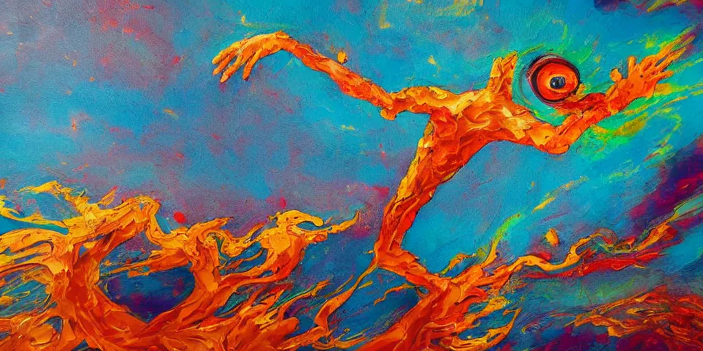 Image similar to abstract painting illustrating a creature jumping from the edge of a planet, its hands are reaching for something in the sky. no details.