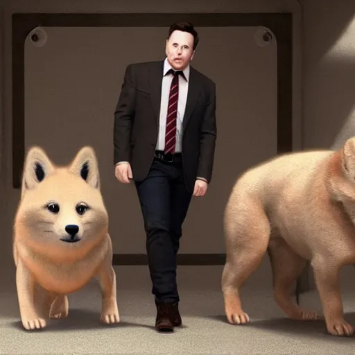 Image similar to Elon Musk with doge body, realistic artstyle, wide shot, dramatic lighting, octane render, hyperrealistic, high quality, highly detailed, HD, beautiful, cinematic, 8k, unreal engine, facial accuracy, symmetrical