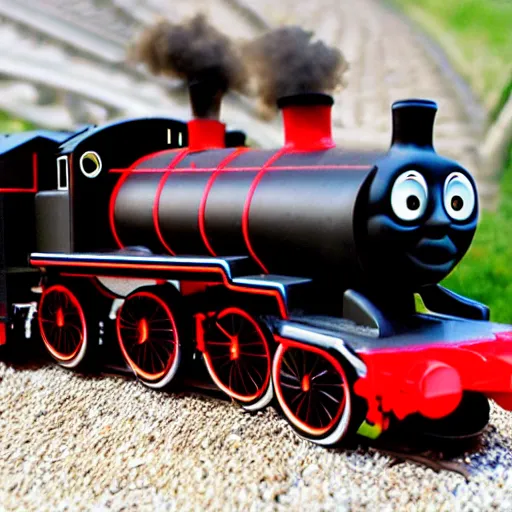 Image similar to photo realistic black and red thomas the train going fast