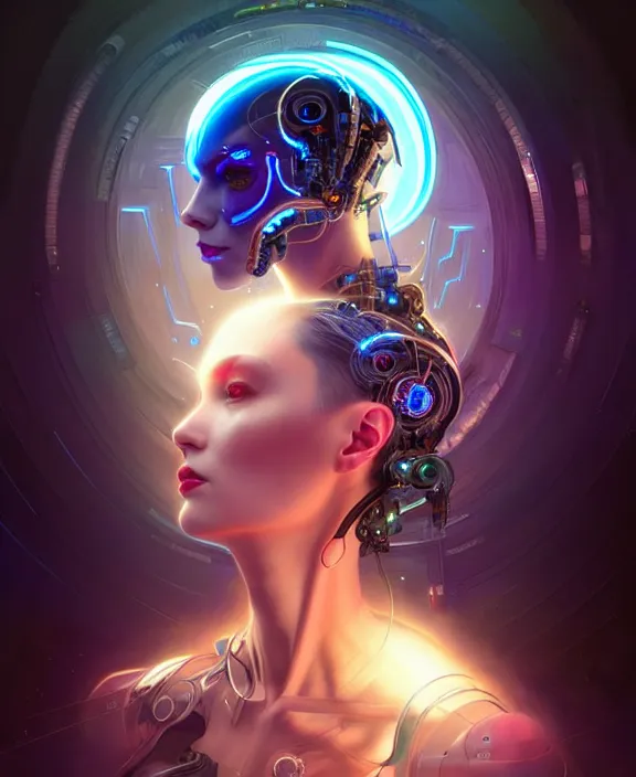 Image similar to a whirlwind of souls rushing inside the metaverse, hologram, half body, neurochip, shaved temple, piercing, jewelry, android, cyborg, cyberpunk face, by loish, d & d, fantasy, intricate, elegant, highly detailed, colorful, digital painting, artstation, concept art, art by artgerm and greg rutkowski and alphonse mucha