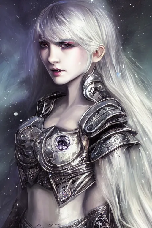 Image similar to portrait evilly white hair knights of Zodiac girl, metalic deep purple and black reflected armor, in ruined Agora of Athens thunder sparkling flash night, ssci-fi and fantasy and intricate and very very beautiful and elegant, highly detailed, digital painting, artstation, concept art, smooth and sharp focus, illustration, art by tian zi and WLOP and alphonse mucha