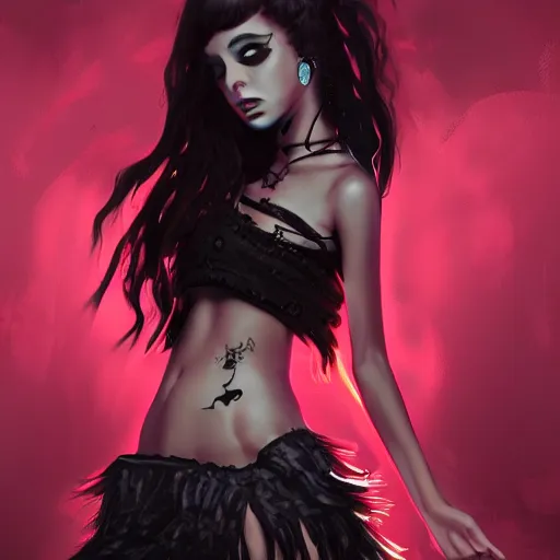 Image similar to goth girl in mini skirt and crop top intricate, extremely detailed, digital painting, artstation, concept art, smooth, sharp focus, illustration, sensual lighting, incredible art,