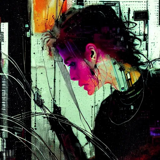 Prompt: a young punk woman lost in a cyberpunk noir glitchcore world of wires, and machines, by jeremy mann, francis bacon and agnes cecile, and dave mckean ink drips, paint smears, digital glitches glitchart