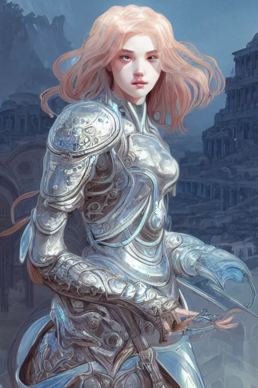 Image similar to portrait knights of zodiac girl, sliver ice color reflected armor, in ruined agora of athens sunrise, ssci - fi and fantasy, intricate and very very beautiful and elegant, highly detailed, digital painting, artstation, concept art, smooth and sharp focus, illustration, art by tian zi and wlop and alphonse mucha