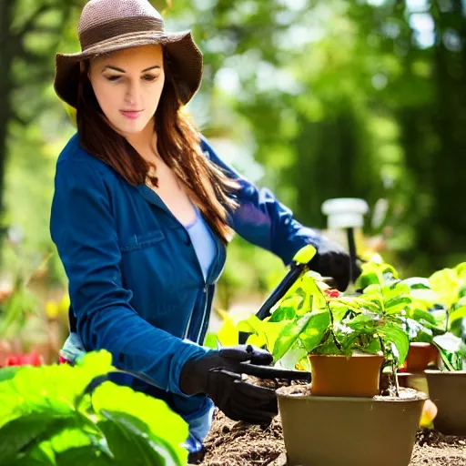 Image similar to a beautiful canadian woman, on her kness, doing some light gardening,