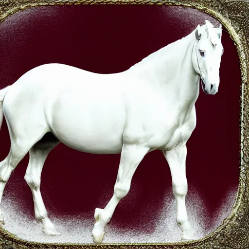 Image similar to an all white horse, with no facial features, like a white mask pulled over their face, full body laying in a blood red pool of water between a golden mirror frame, inside the frame of the mirror is the bohemian grove sacrifice ritual and outside the mirror frame is a deep space., physically accurate, dynamic lighting, intricate, elegant, highly detailed, very very Roberto Ferri, sharp focus, very very unsettling, very terrifying, illustration, art