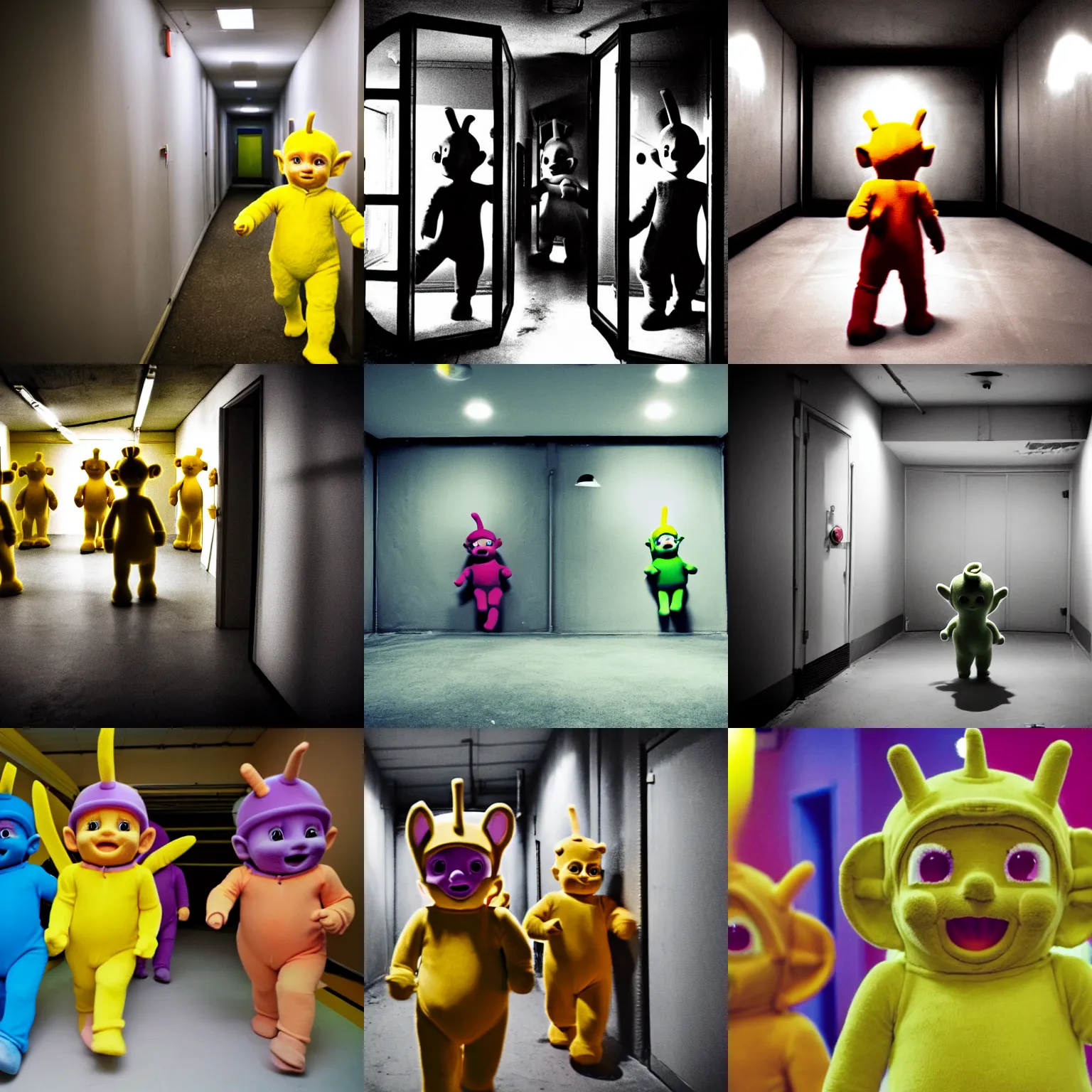 Prompt: worried teletubbies running in the backrooms, low key, liminal space, uncanny, darkness, urban exploration