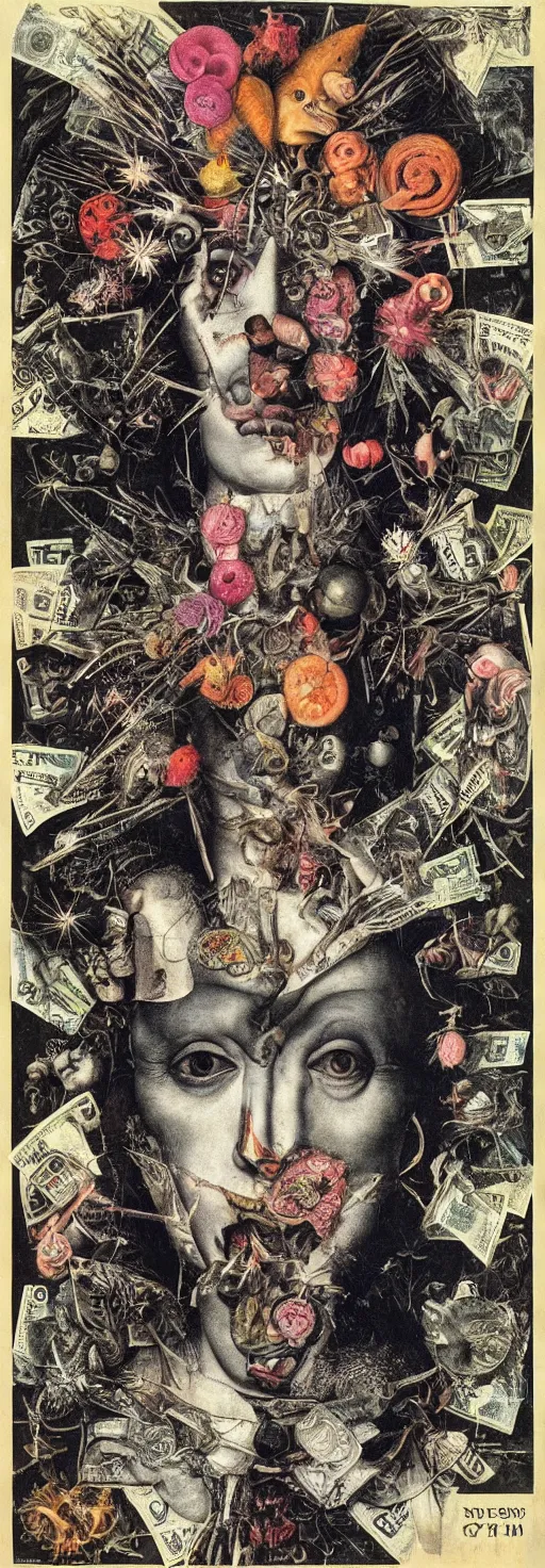 Image similar to post - punk new age album cover, asymmetrical design, dollar bank notes, capitalism, magic, apocalypse, psychedelic, black white pink, magic, giger h. r., giuseppe arcimboldo