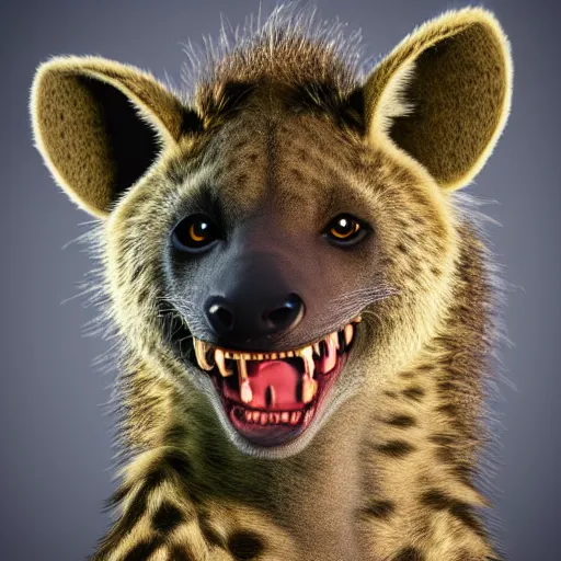 Image similar to High definition professional photograph of a Hyena furry art, furaffinity, beautifully detailed and lights. Highly detailed and pretty face and eyes