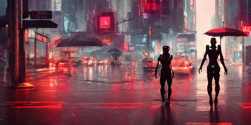 Prompt: a film still from Love, Death and Robots, wide angle lens, sharp, dramatic lighting, futuristic city street level, rain