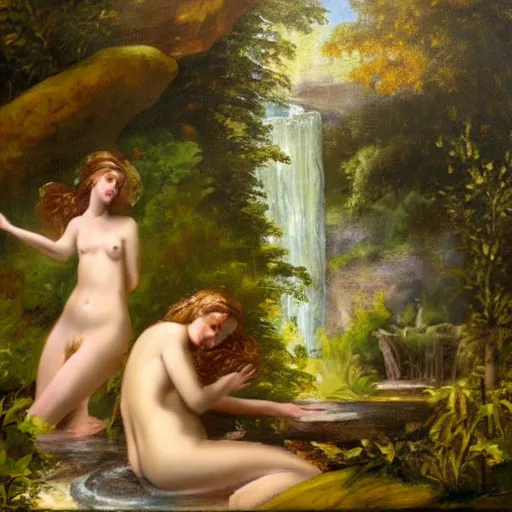 Prompt: nouveau - art painting of 2 nymphs bathing under a waterfall in the forest