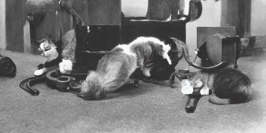 Prompt: stunning old black and white photo of very serious cats have absolutely no idea how to use old rotary telephones and decide to knock them over in frustration, very funny and ironic, humor, film grain 1903