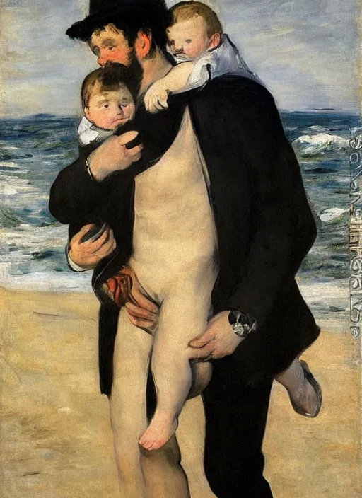 Image similar to a clothed man carrying his child over his shoulders walking near the beach, anatomically correct, painting by manet, masterpiece