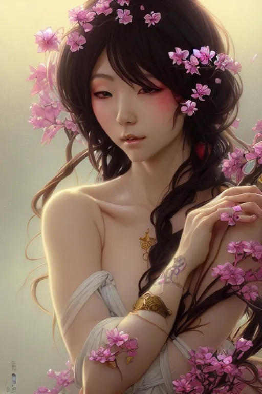 Image similar to Portrait of japanese gyaru, D&D, dark fantasy, sakura blooming on background, intricate, elegant, highly detailed, digital painting, artstation, concept art, smooth, sharp focus, illustration, art by artgerm and greg rutkowski and alphonse mucha