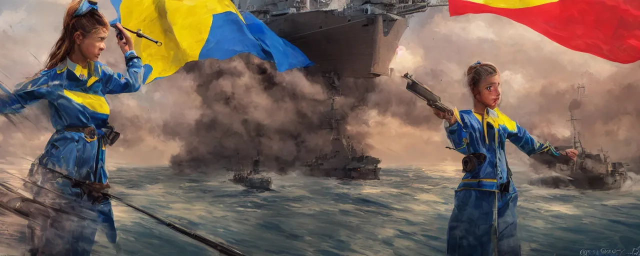 Prompt: third person views of a Ukrainian girl in national clothes with blue and yellow stripes in her hair and gun in her hands ready to fight standing against a huge Russian flag warship, concept art, highly detailed, smooth, sharp focus, illustration, wide shot, cinematic, 8k, art by Greg Rutkowski, trending on Artstation