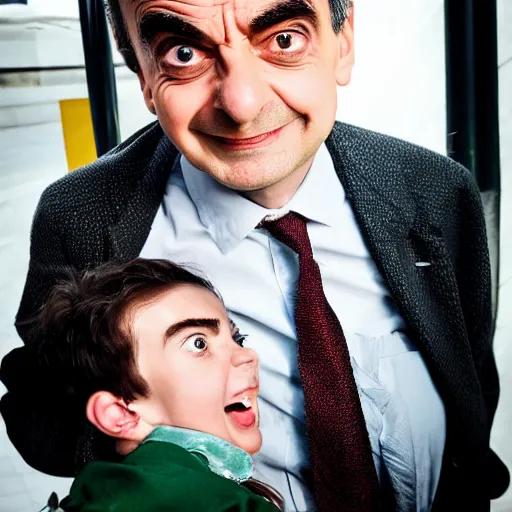 Image similar to A portrait mr bean elizabeth teams up with a teenage mr bean, perfect faces, 50 mm, award winning photography