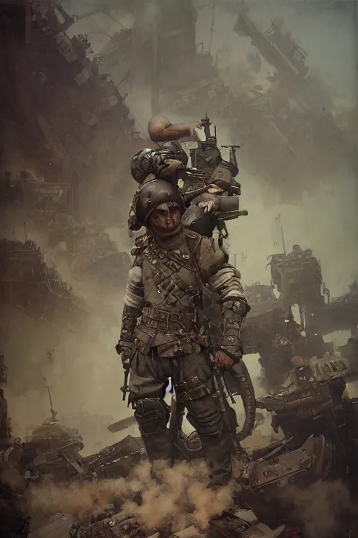 Image similar to dieselpunk military character concept art, painted by ruan jia, raymond swanland, lawrence alma tadema, zdzislaw beksinski, norman rockwell, jack kirby, tom lovell, alex malveda, greg staples