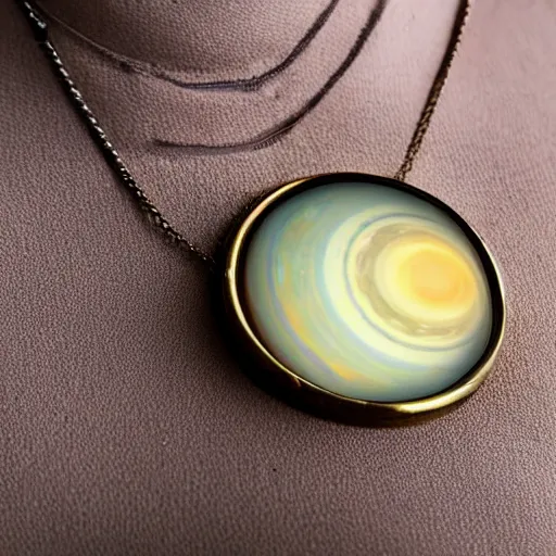 Prompt: a closeup of woman wearing neckless with a glowing planet Saturn as the pendant, in the style of a Pixar movie