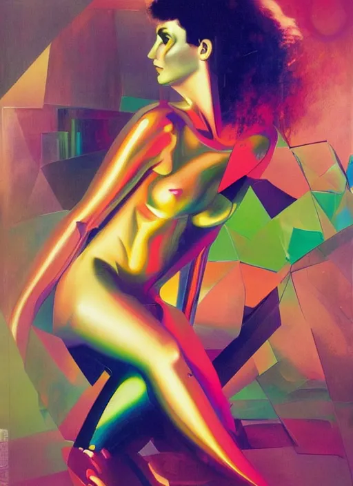 Prompt: futuristic lasers, data visualization, cyberpunk visor rain, wet, oiled, sweat, girl pinup, by steven meisel, james jean and rolf armstrong, geometric cubist perfect geometry abstract acrylic and hyperrealism photorealistic airbrush painting with retro and neon colors