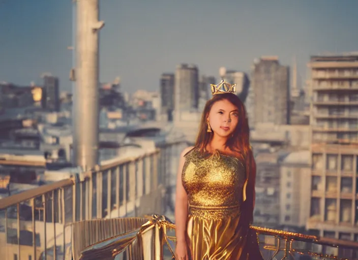 Prompt: a fantasy queen stands on a balcony overlooking a fantasy city, golden light and glow, 3 5 mm photography