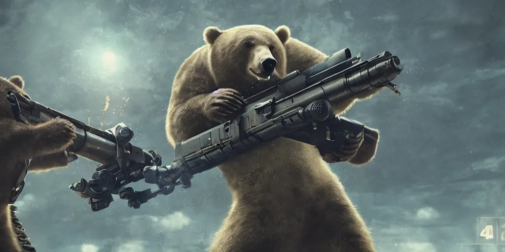 Image similar to bear holding a minigun and firing into a building, realistic 4 k octane beautifully detailed render, 4 k post - processing, highly detailed, intricate complexity, epic composition, magical atmosphere, cinematic lighting, masterpiece, ultra hd