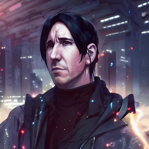 Image similar to An anime portrait of Trent Reznor in a cyberpunk setting, by Stanley Artgerm Lau, WLOP, Rossdraws, James Jean, Andrei Riabovitchev, Marc Simonetti, and Sakimichan, tranding on artstation