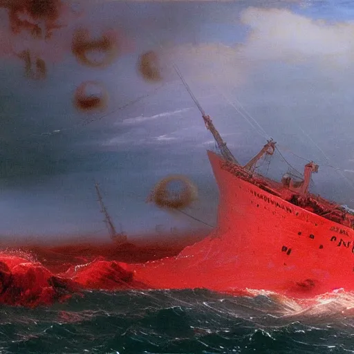 Image similar to bloody ocean, rusted iron ship sinking in red blood ocean, by Ivan Aivazovsky, junji ito, hd 8k