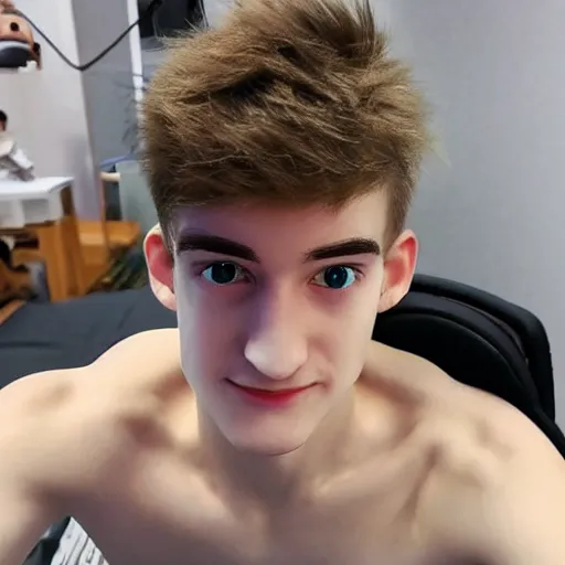 Image similar to “a realistic detailed photo of a guy who is an attractive humanoid who is half robot and half humanoid, who is a male android, twitch streamer Ninja Tyler Blevins, shiny skin, posing like a statue, blank stare, gaming tournament”