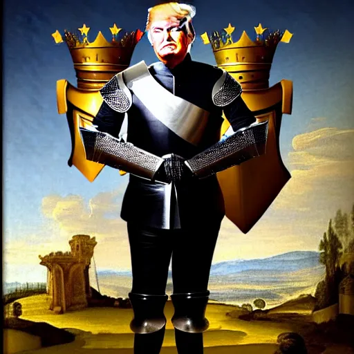 Image similar to full - body - front - shot, donald trump, knight'armor, crown, renaissance painting of a knight,