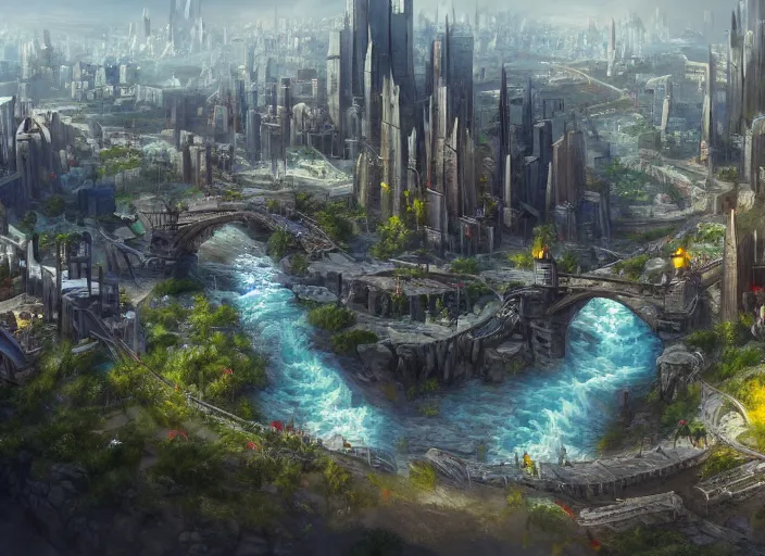 Image similar to wide shot, establishing shot of a modern day dungeons and dragons city with a river going through it, trending on artstation,