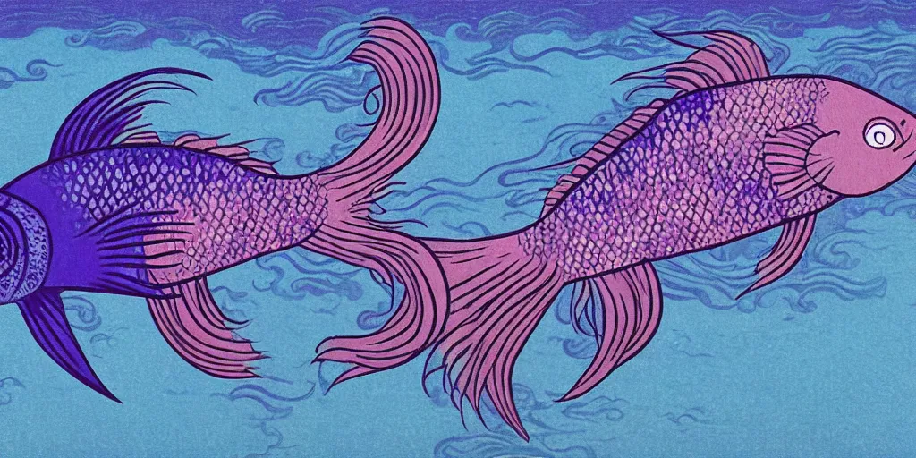 Image similar to A purple fish, swimming in a beautiful coral reef, Digital art, Concept art by Hokusai and Vincent Van Gogh