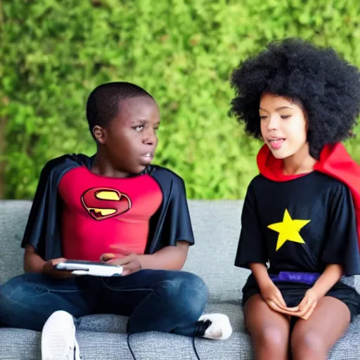Prompt: candid photo of a young black boy wearing a superhero cape trying to get his teenage sister's attention while she listens to music on her phone