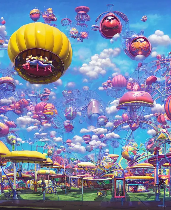 Image similar to a puffy inflated amusement park made out of seamless alien creatures, in the style of an aerodynamic obese robot, overgrown with thick orchids, partly cloudy, sun - drenched, dramatic lighting, by dan mumford, yusuke murata, makoto shinkai, ross tran, cinematic, unreal engine, cel shaded, featured on artstation, pixiv